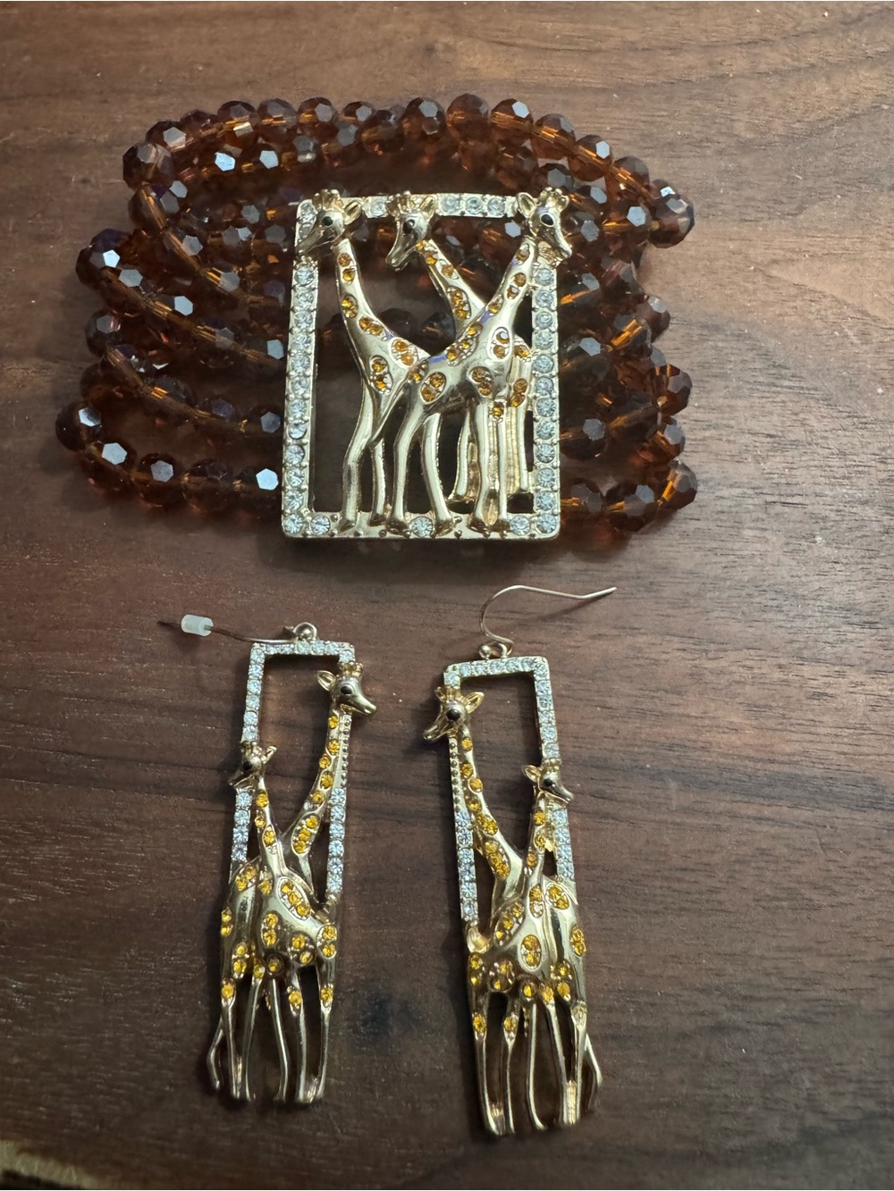 QVC Goldtoned Giraffe Amber Beaded/Crystal Bracelet w/Matching Earrings